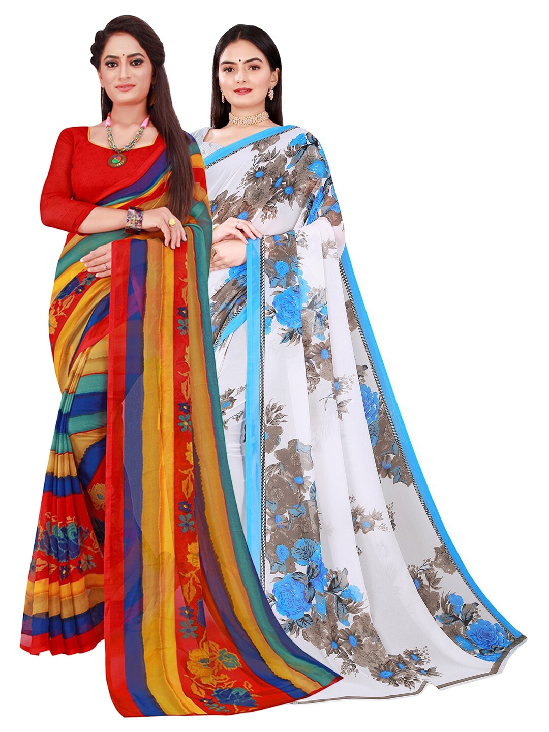 

SAADHVI White & Red Floral Pure Georgette Saree