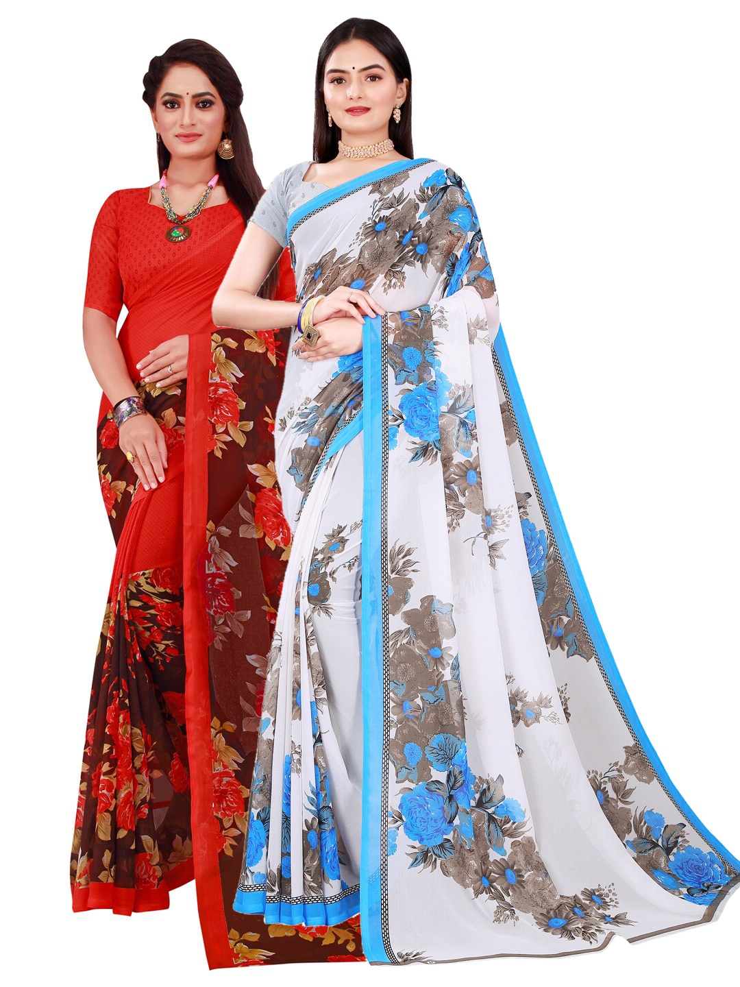 

SAADHVI White & Red Pure Georgette Saree