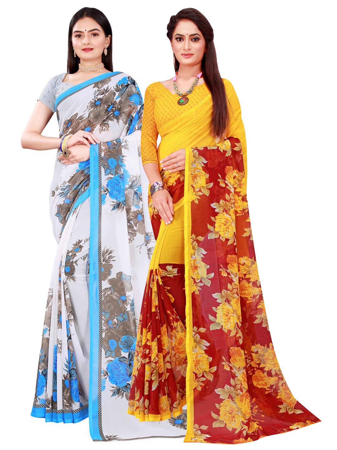 

SAADHVI White & Yellow Floral Pure Georgette Saree