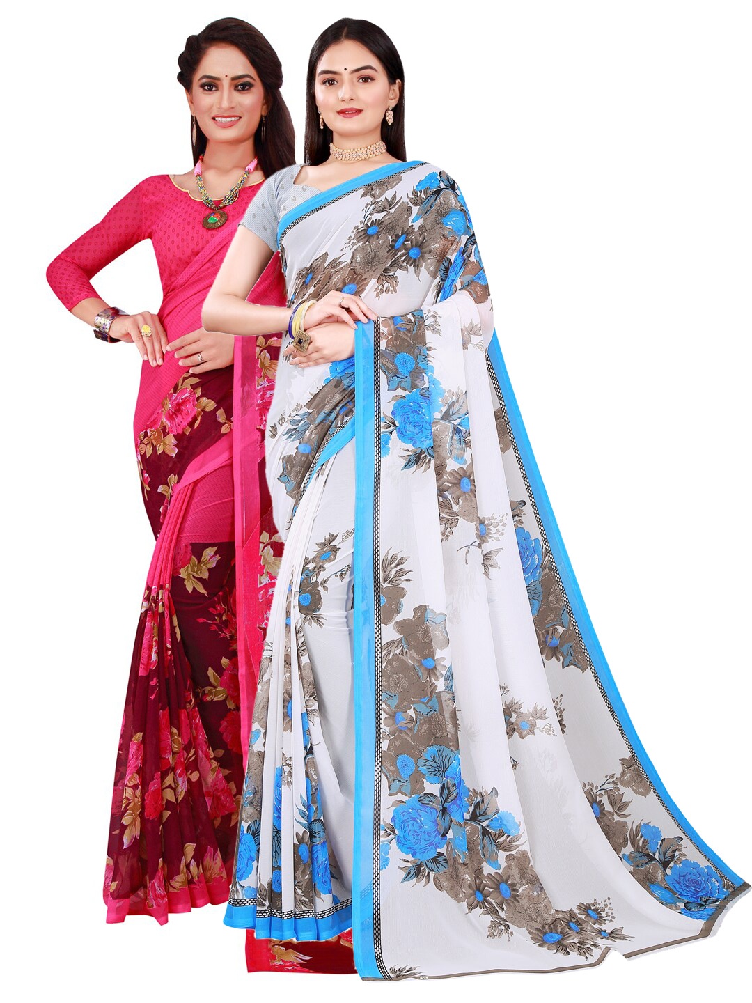 

SAADHVI White & Blue Floral Pure Georgette Saree