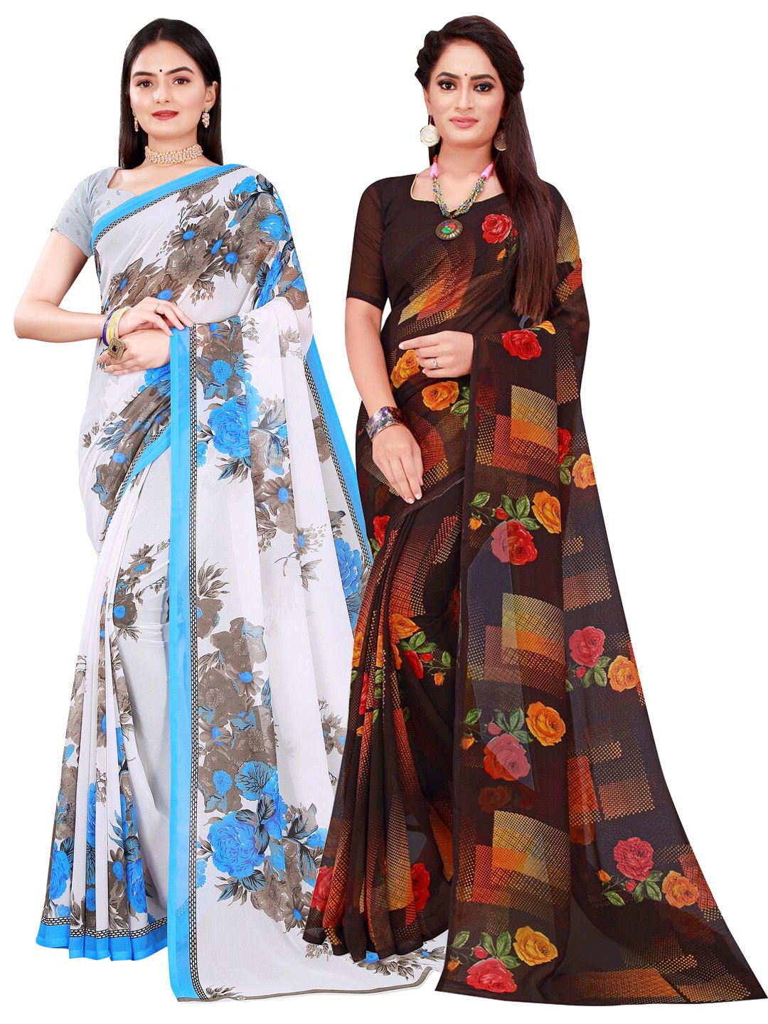 

SAADHVI White & Blue Floral Pure Georgette Saree