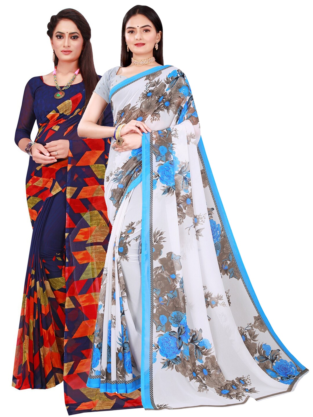 

SAADHVI Navy Blue & White Floral Pure Georgette Saree