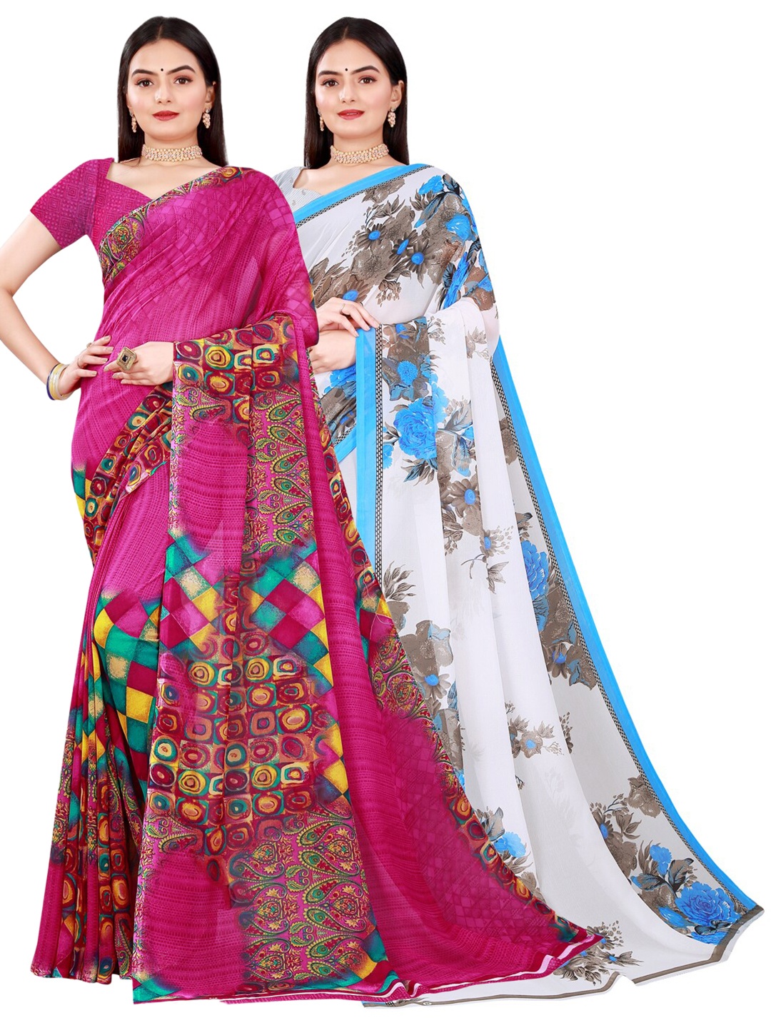 SAADHVI Magenta & White Floral Pure Georgette Saree