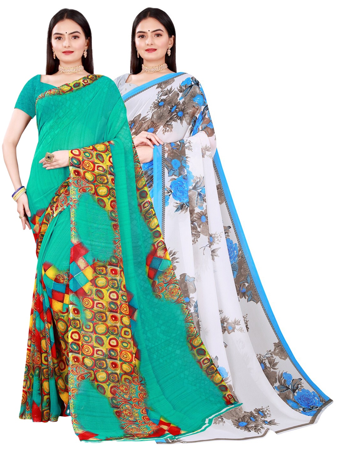 

SAADHVI White & Green Pure Georgette Saree