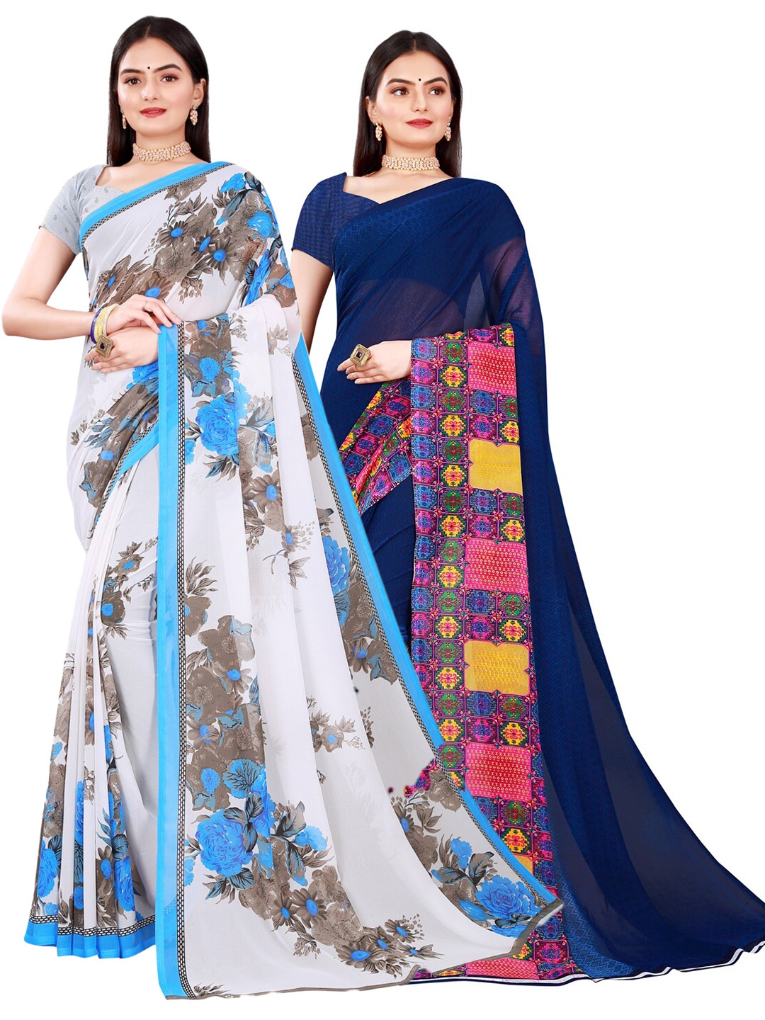 SAADHVI White & Navy Blue Floral Pure Georgette Saree