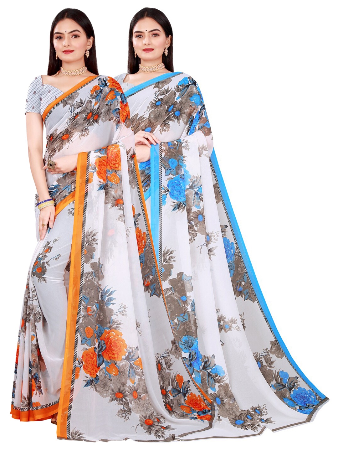 SAADHVI White & Orange Floral Pure Georgette Saree