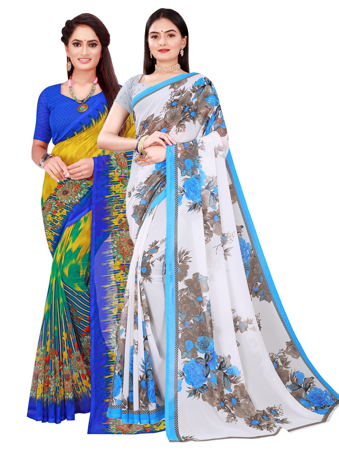 

SAADHVI White & Blue Floral Pure Georgette Saree