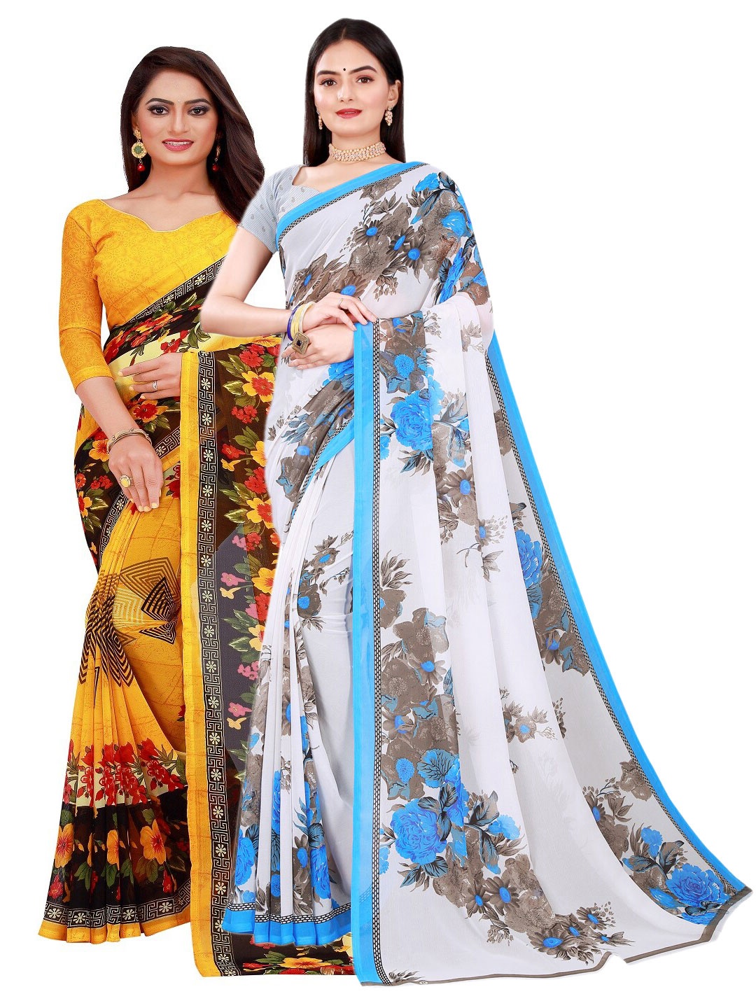 

SAADHVI Yellow & White Pure Georgette Saree