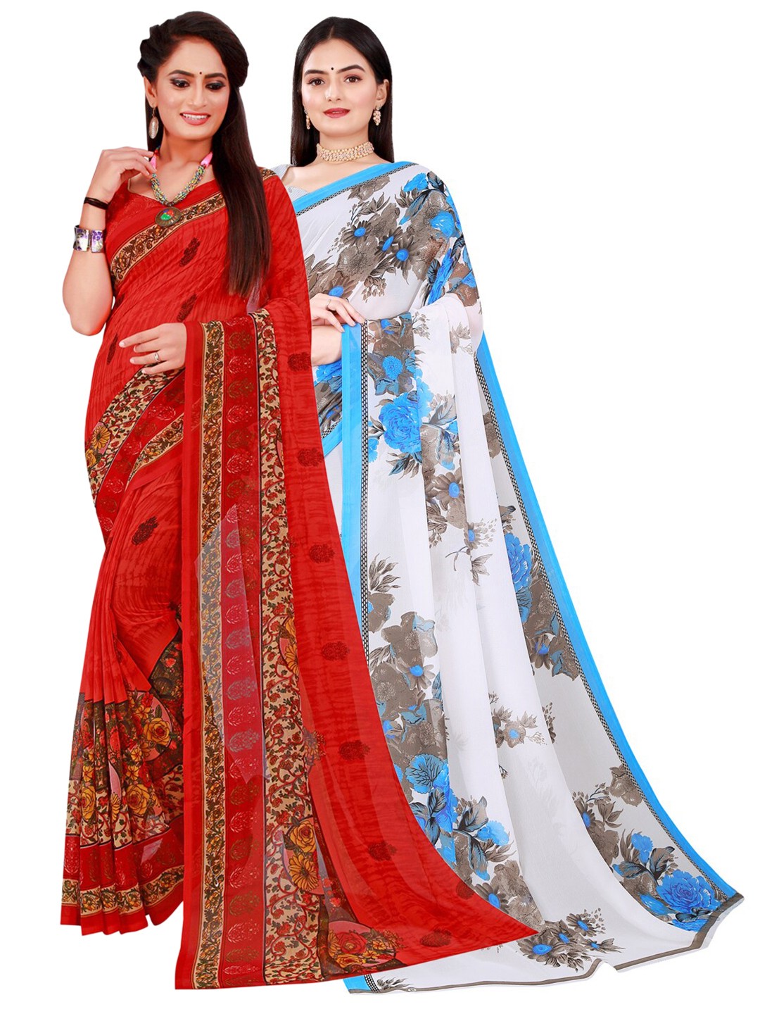 

SAADHVI White & Red Floral Pure Georgette Saree