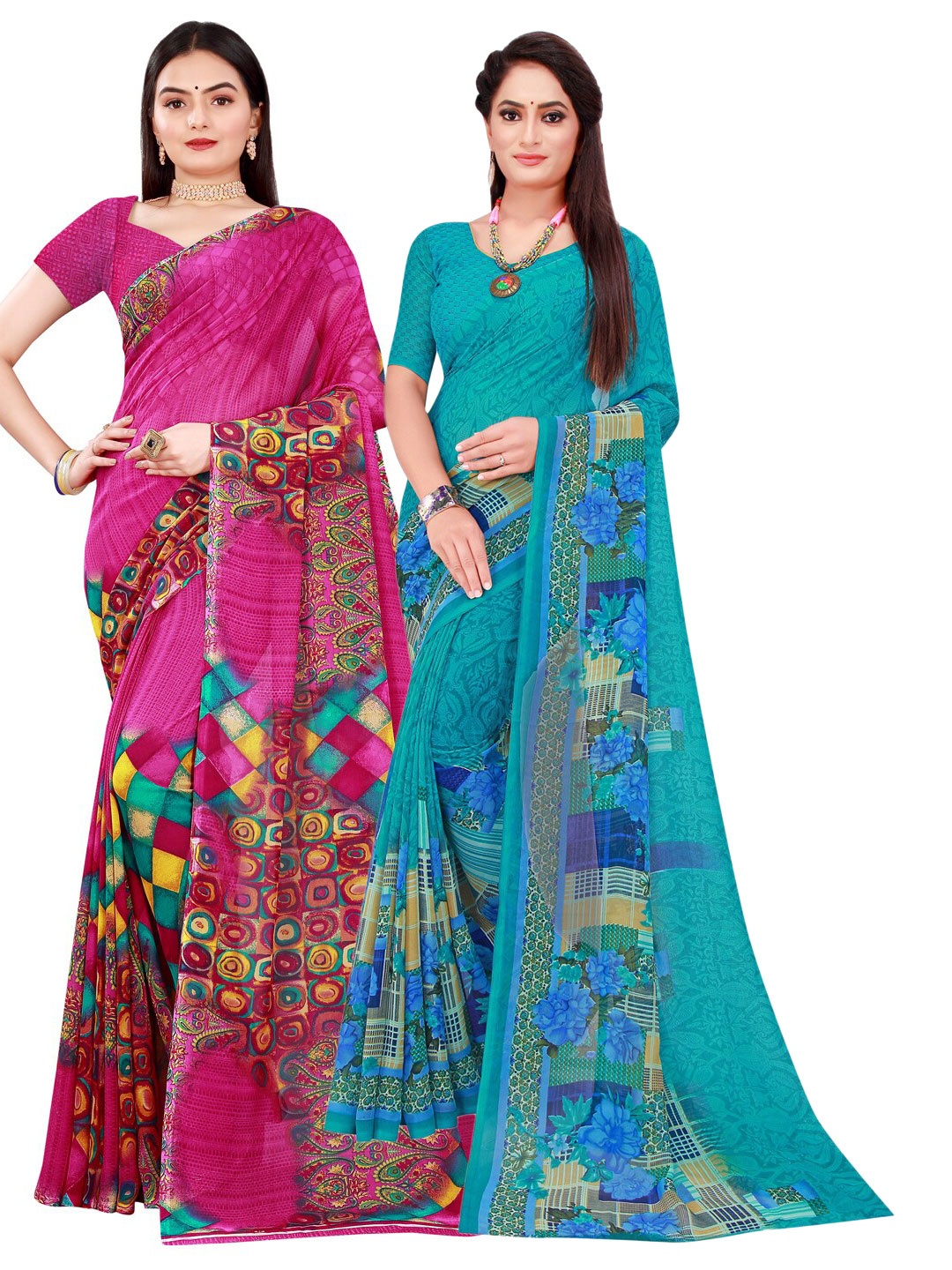 

SAADHVI Magenta & Turquoise Blue Pure Georgette Saree