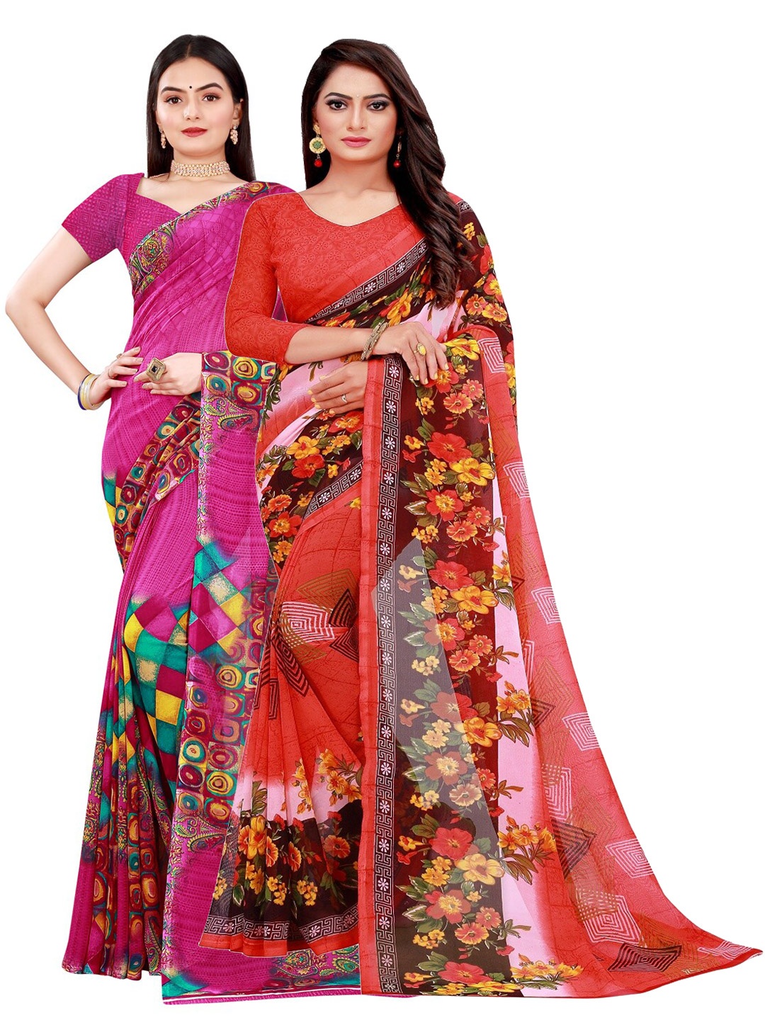 

SAADHVI Magenta & Red Floral Pure Georgette Saree