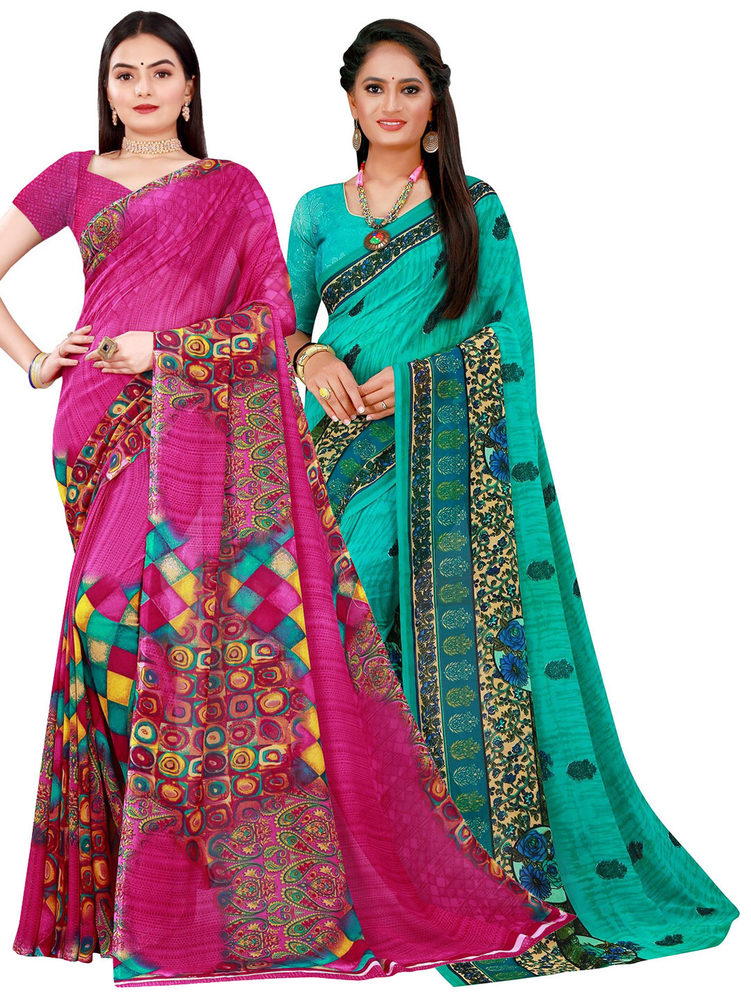 

SAADHVI Magenta & Turquoise Blue Pure Georgette Saree