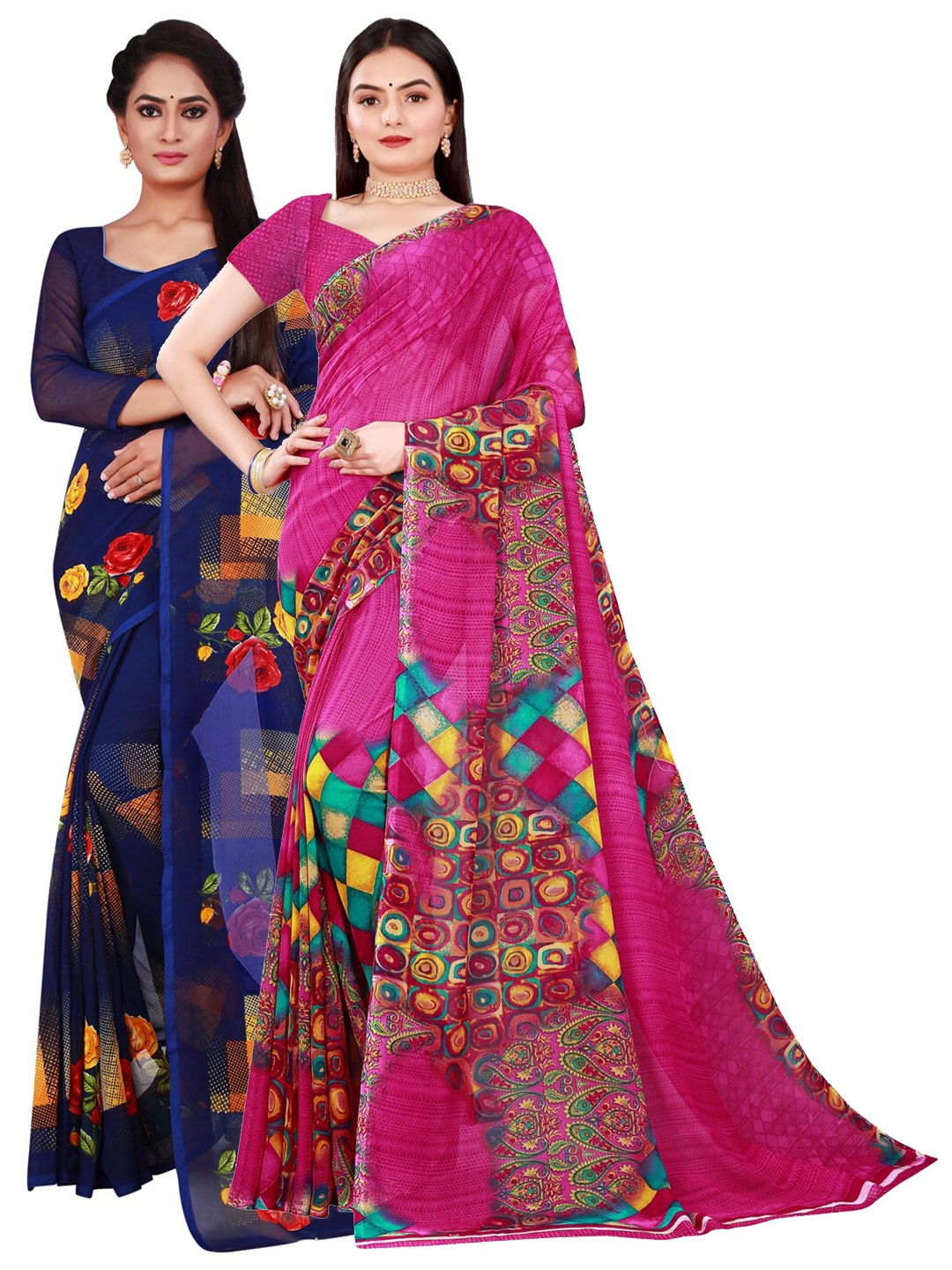 

SAADHVI Magenta & Navy Blue Pure Georgette Saree