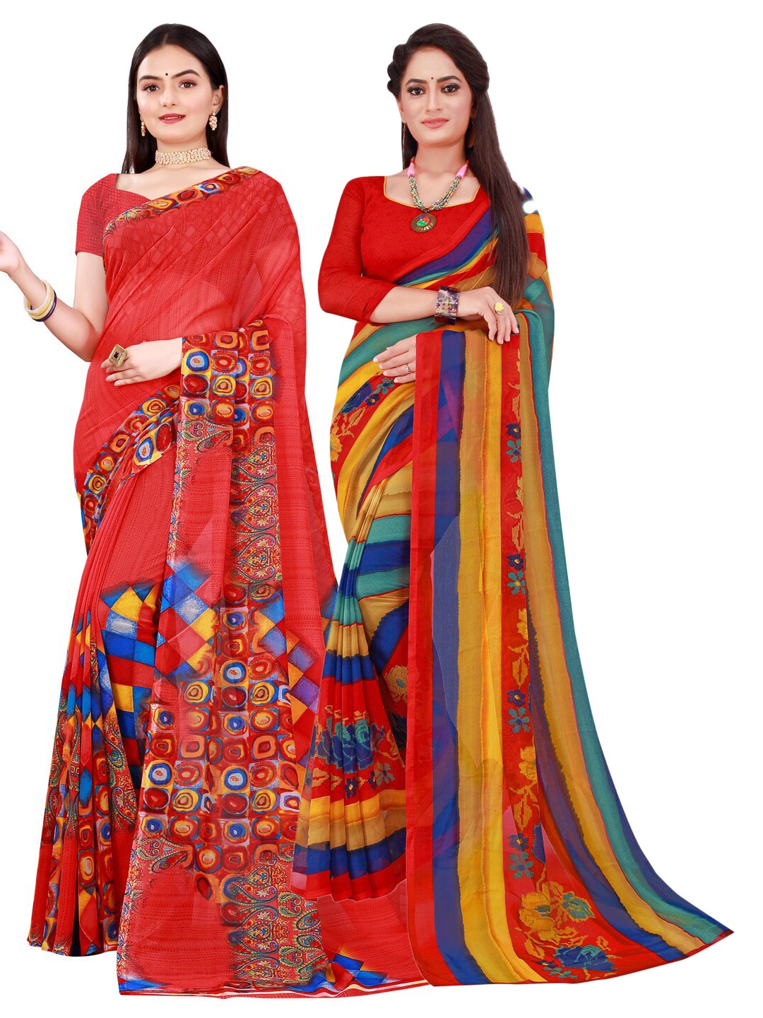 

SAADHVI Red & Yellow Floral Pure Georgette Saree