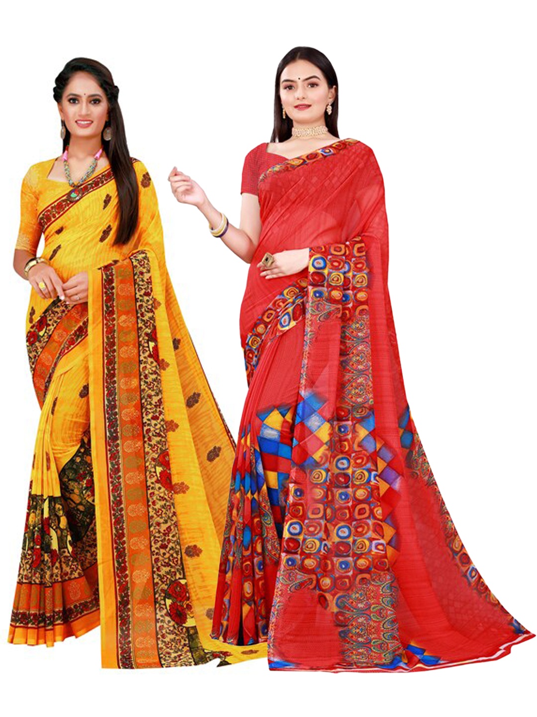 

SAADHVI Red & Yellow Pure Georgette Saree
