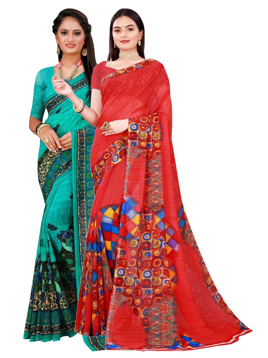

SAADHVI Red & Turquoise Blue Pure Georgette Saree