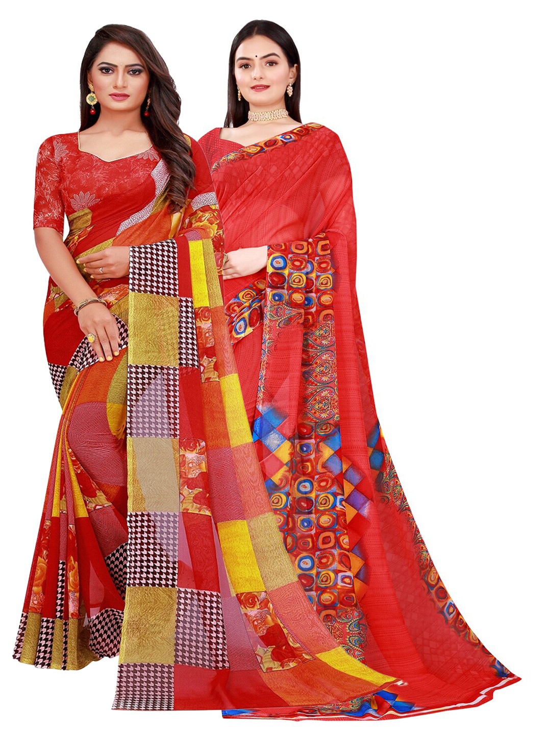 

SAADHVI Red & Yellow Pure Georgette Saree