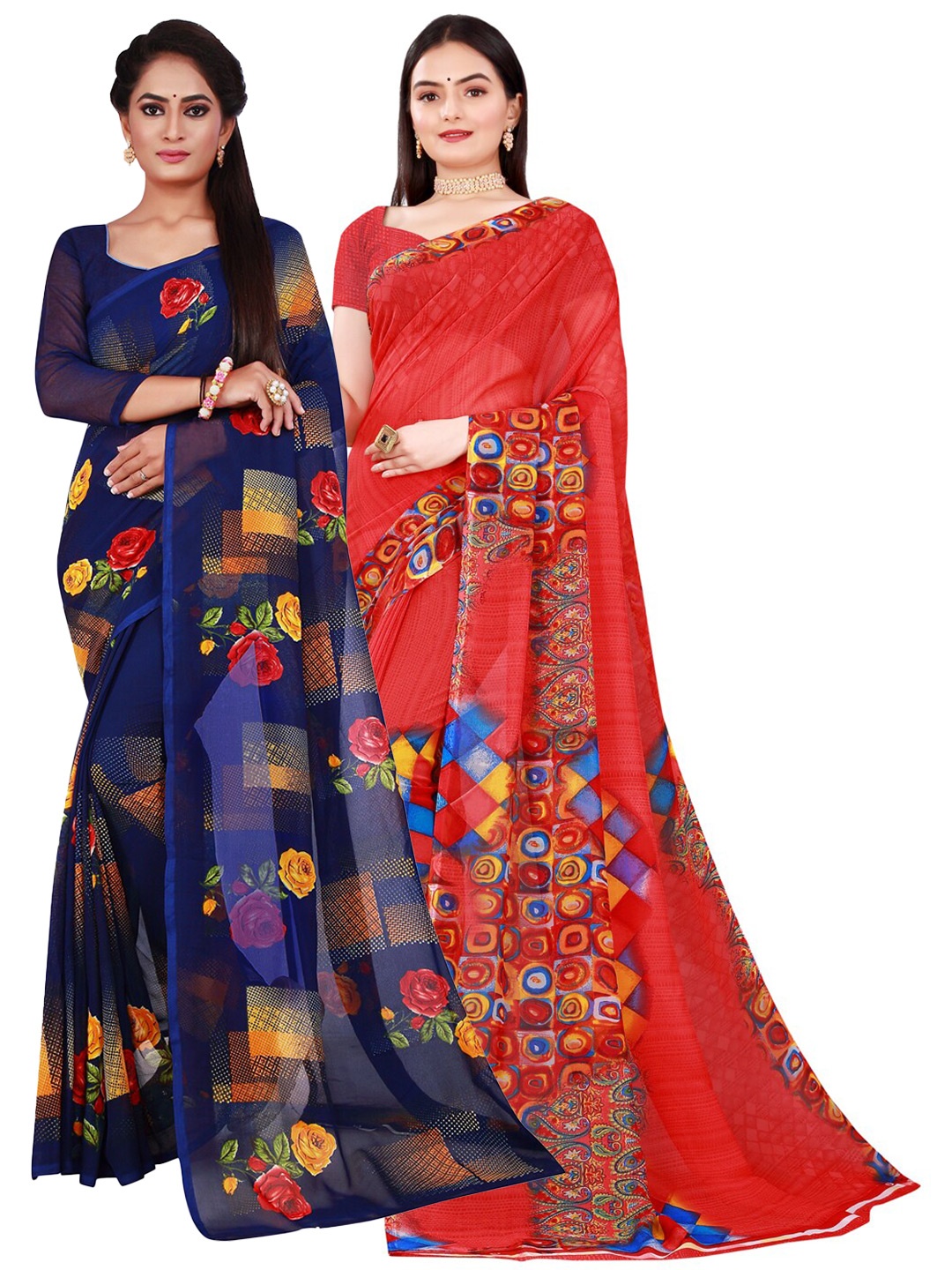 

SAADHVI Red & Navy Blue Floral Pure Georgette Saree
