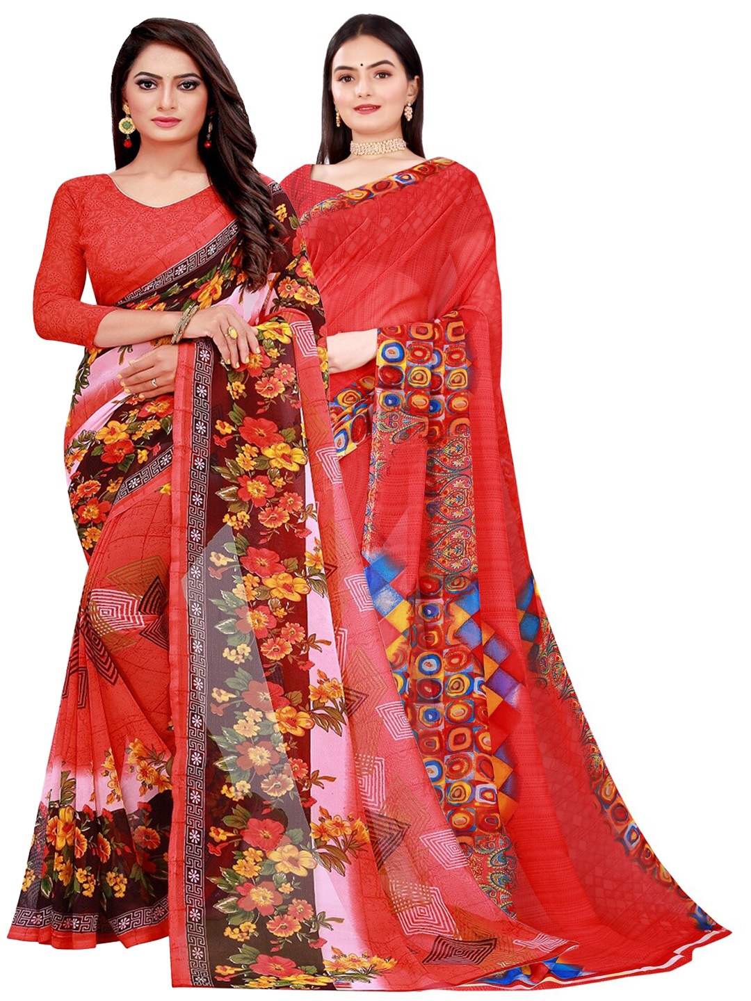 

SAADHVI Red & Pink Pure Georgette Saree