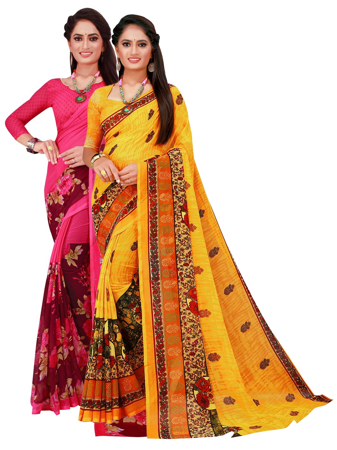 

Florence Yellow & Magenta Floral Pure Georgette Saree