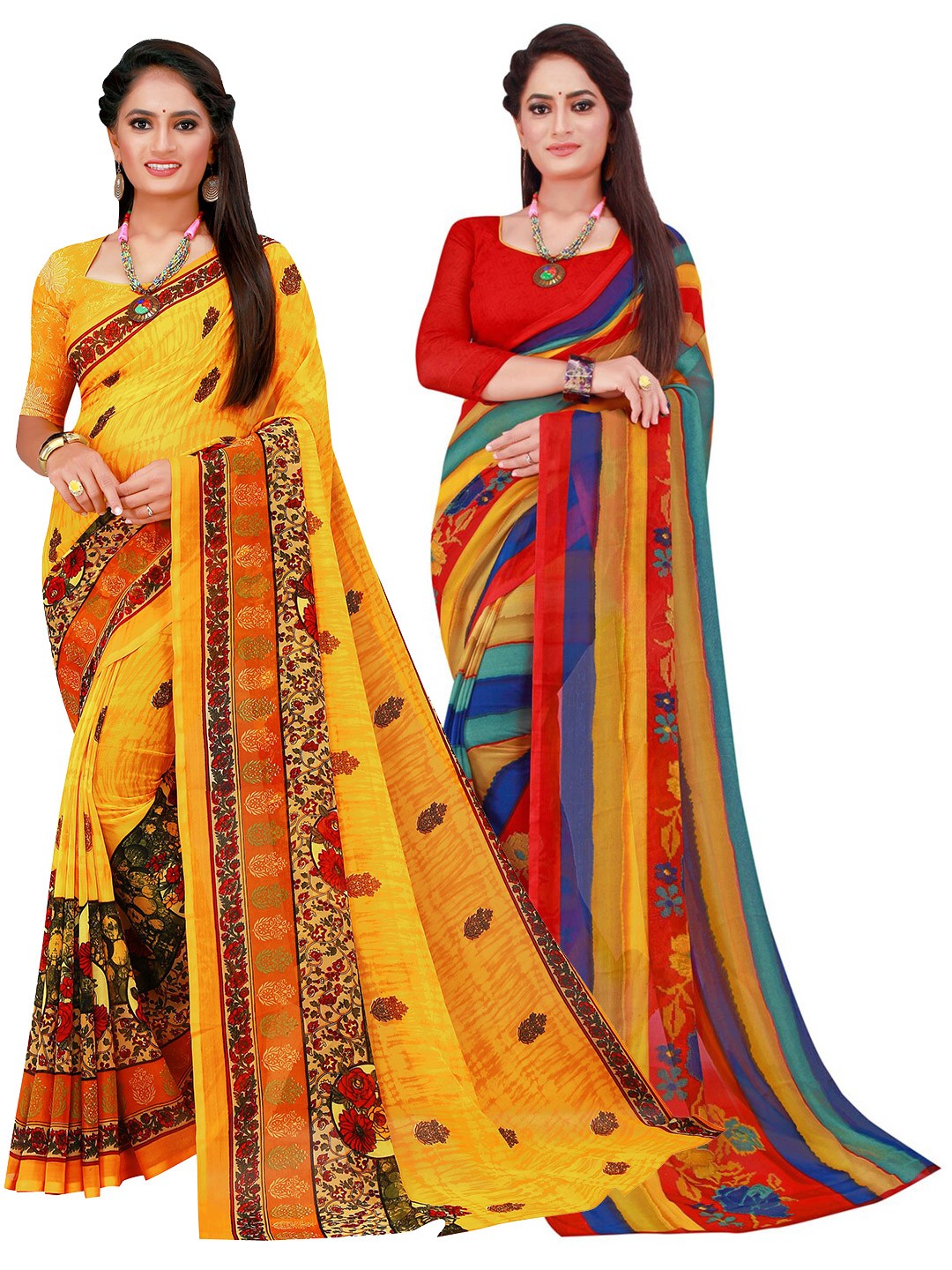 

Florence Yellow & Blue Floral Pure Georgette Saree