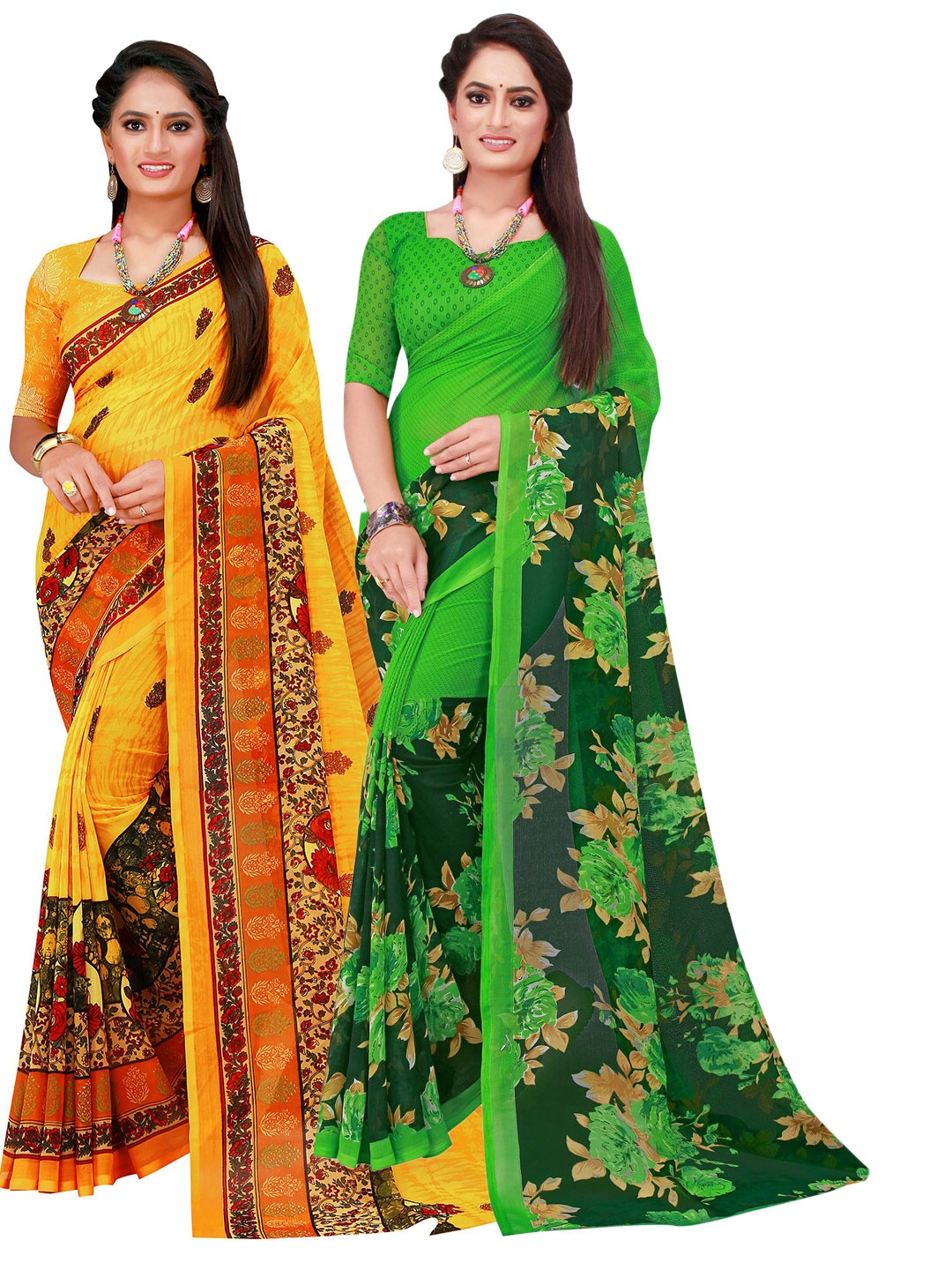 

Florence Yellow & Green Pure Georgette Saree