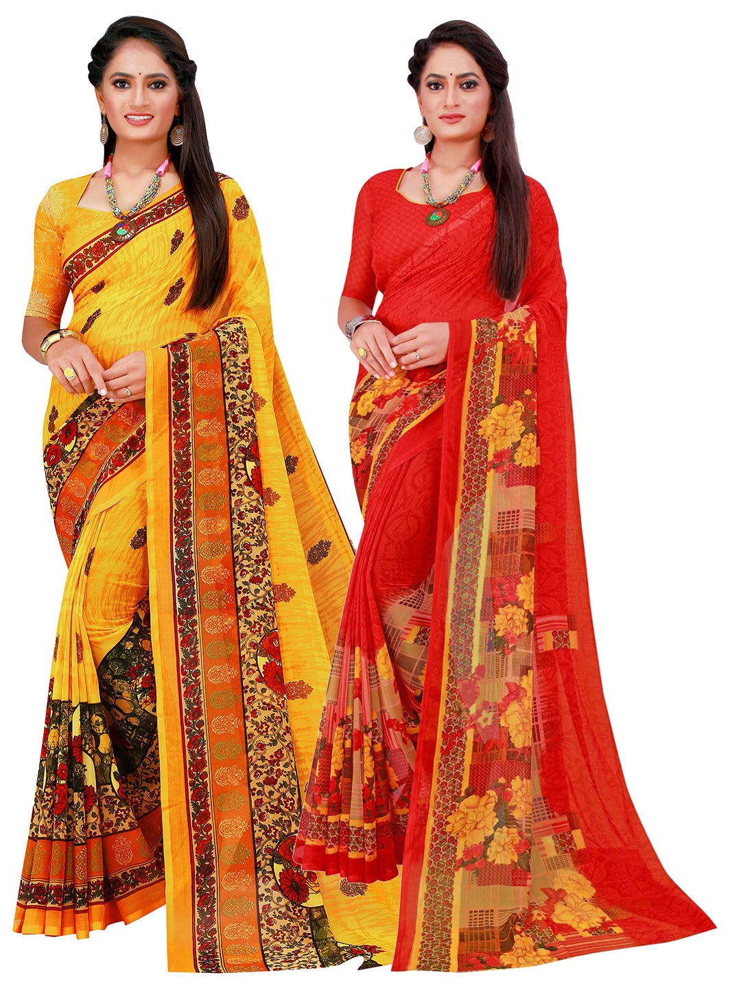

Florence Yellow & Red Pure Georgette Saree