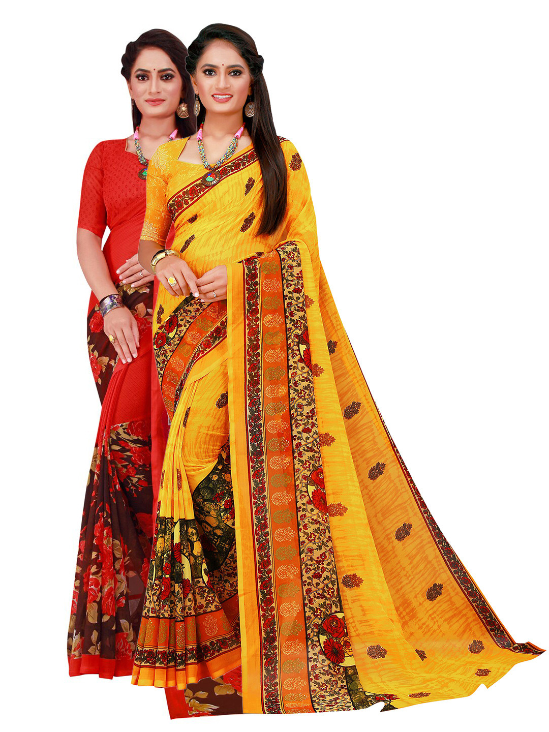 

Florence Yellow & Red Pure Georgette Saree
