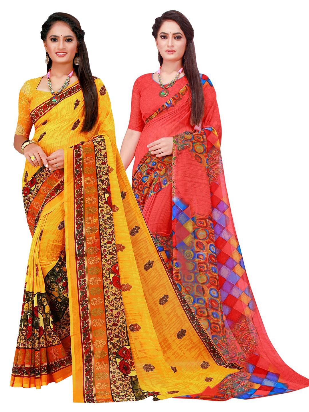 

Florence Yellow & Red Pure Georgette Saree