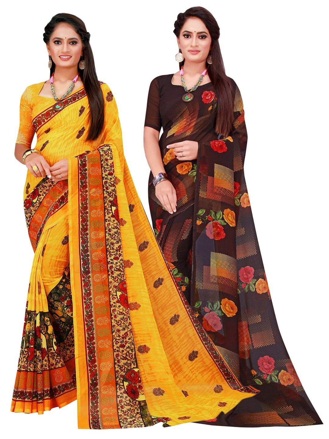 

Florence Yellow & Brown Pure Georgette Saree