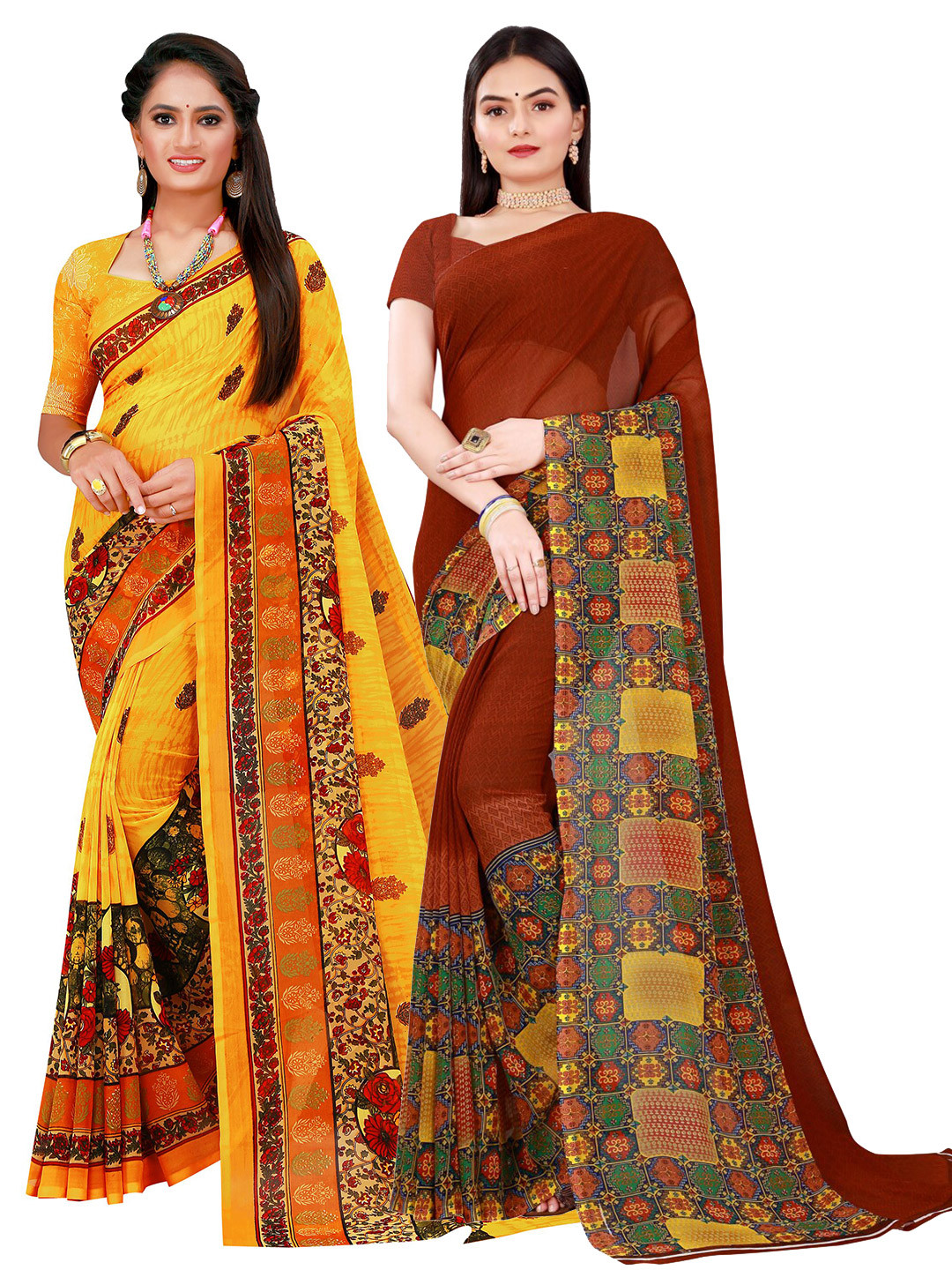 

Florence Yellow & Brown Pure Georgette Saree