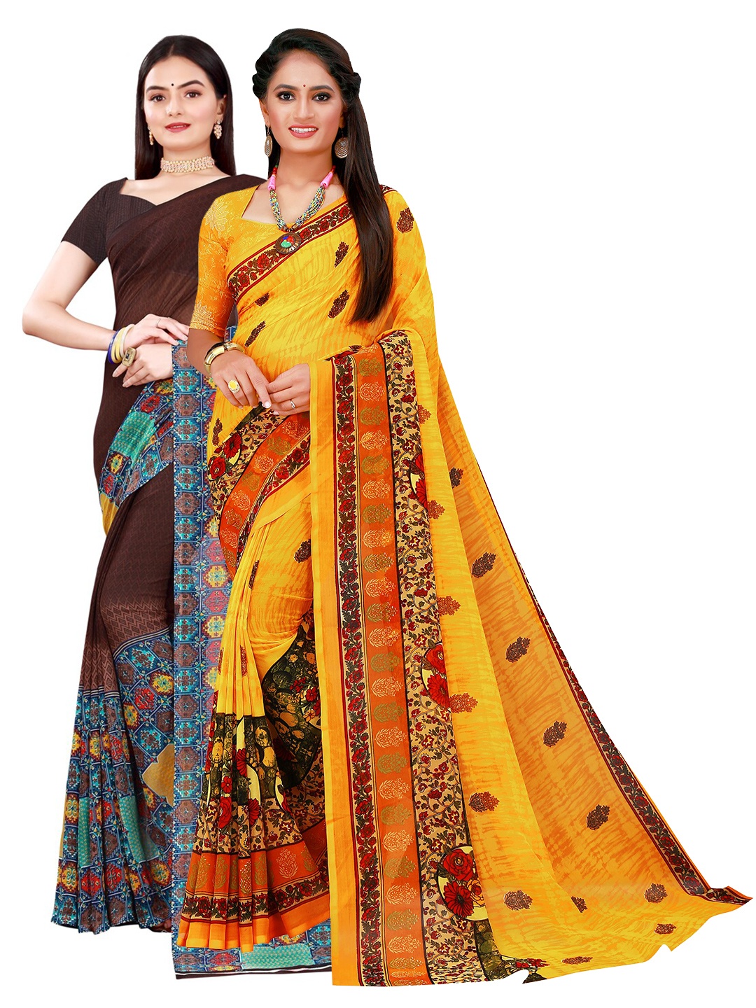 Florence Brown & Yellow Pure Georgette Saree