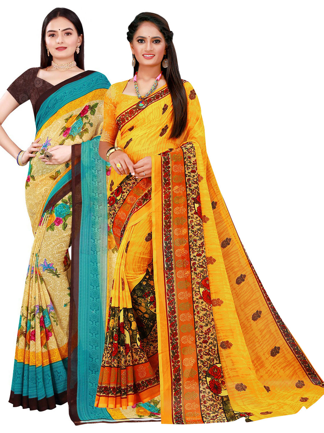 

Florence Yellow & Pink Pure Georgette Saree