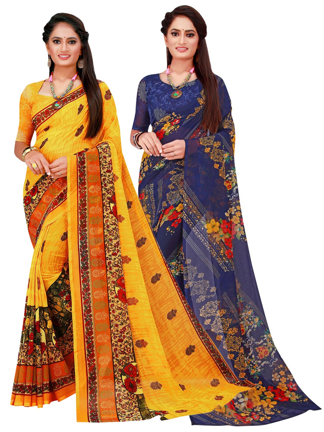 

Florence Yellow & Navy Blue Pure Georgette Saree