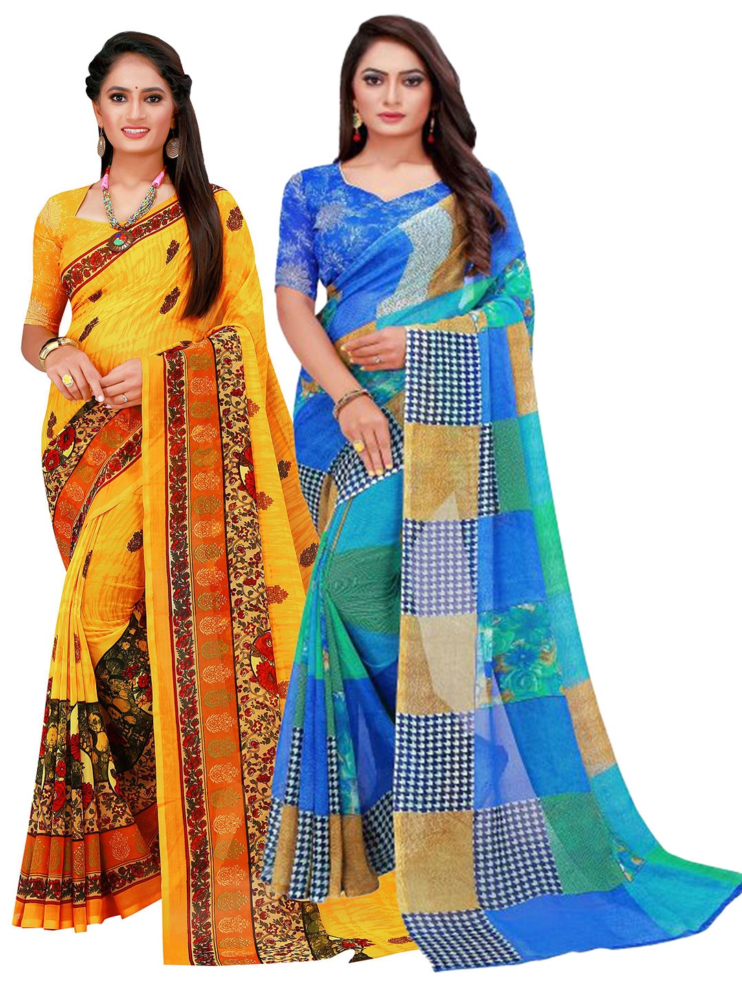 

Florence Blue & Yellow Pure Georgette Saree