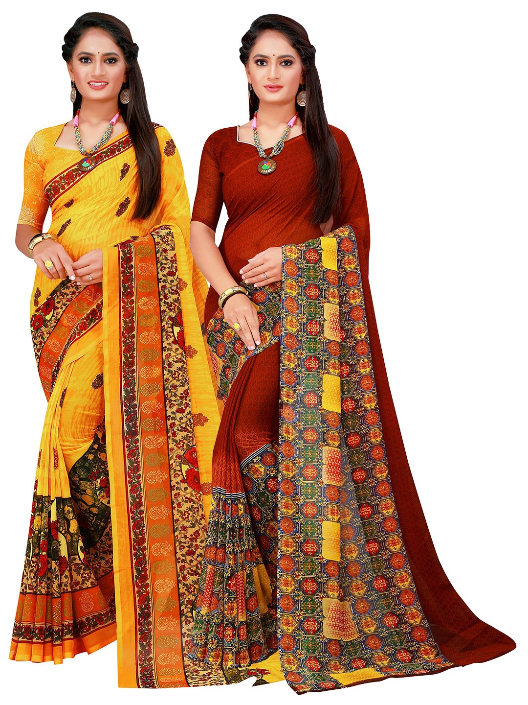 

Florence Yellow & Maroon Pure Georgette Saree