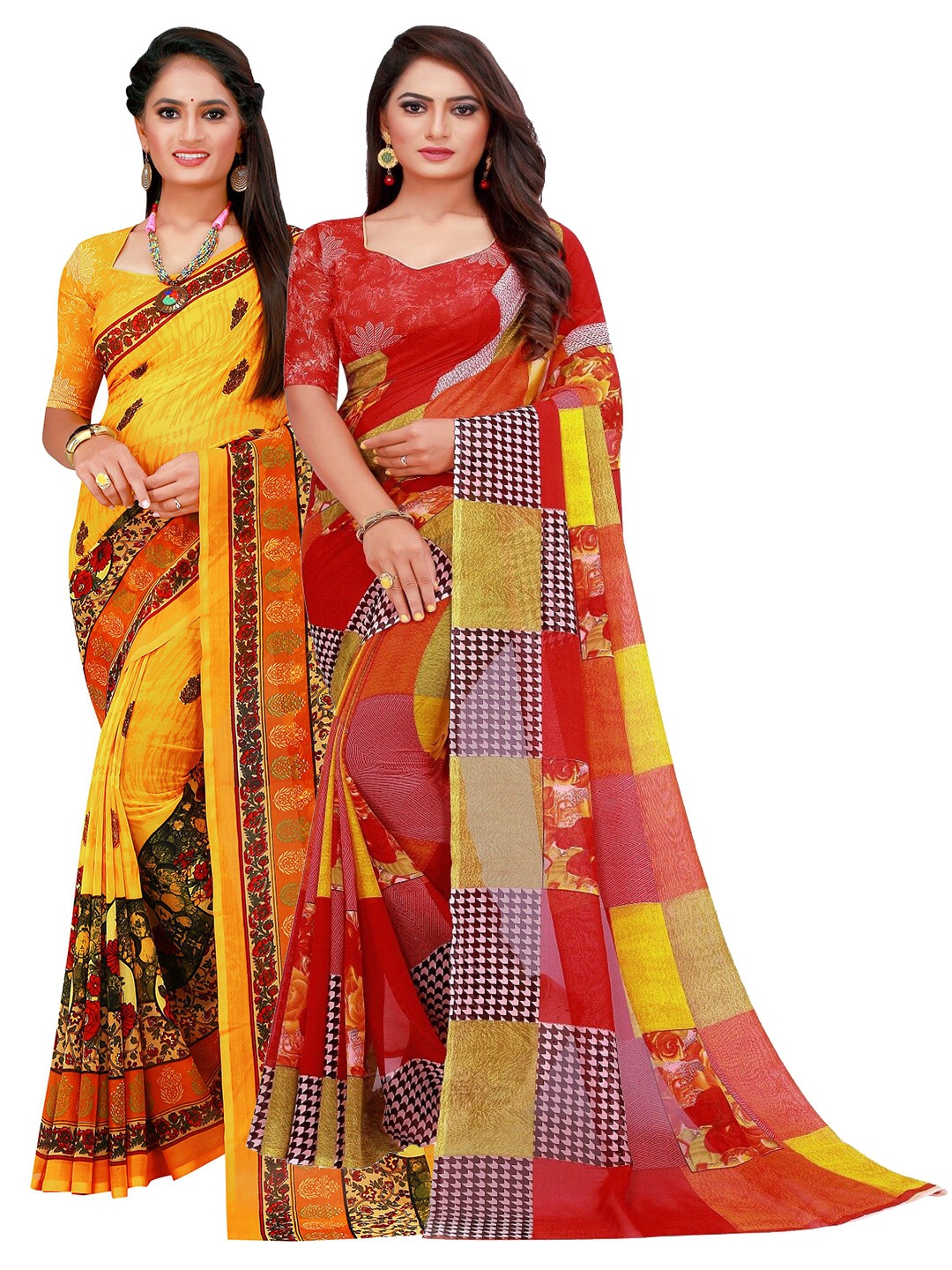

Florence Yellow & Red Pure Georgette Saree