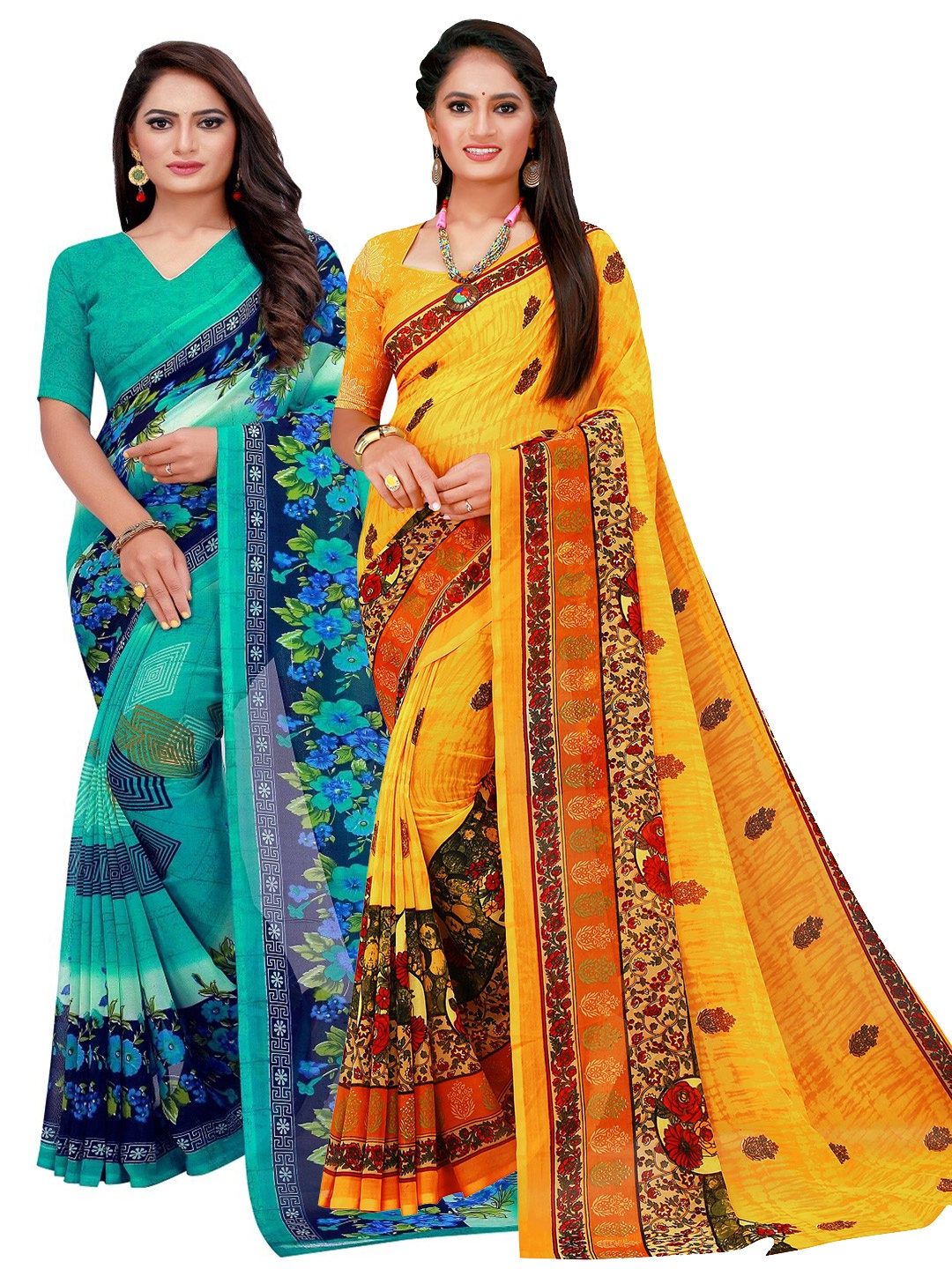 Florence Turquoise Blue & Yellow Pure Georgette Saree