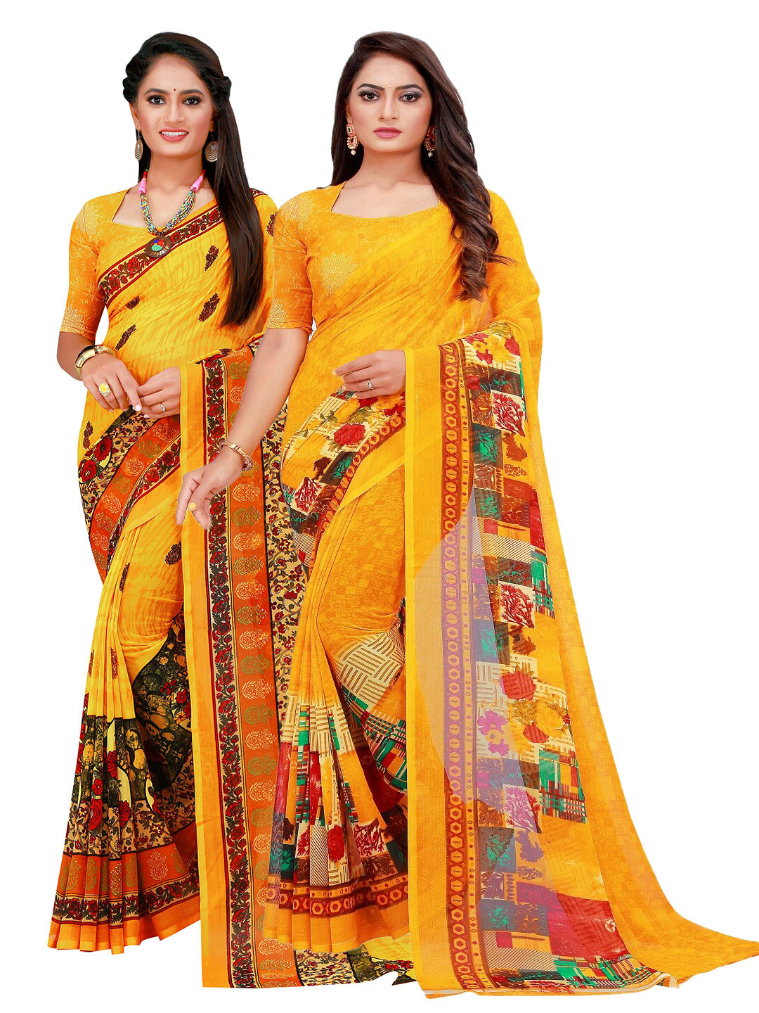 

Florence Yellow & Maroon Pure Georgette Saree