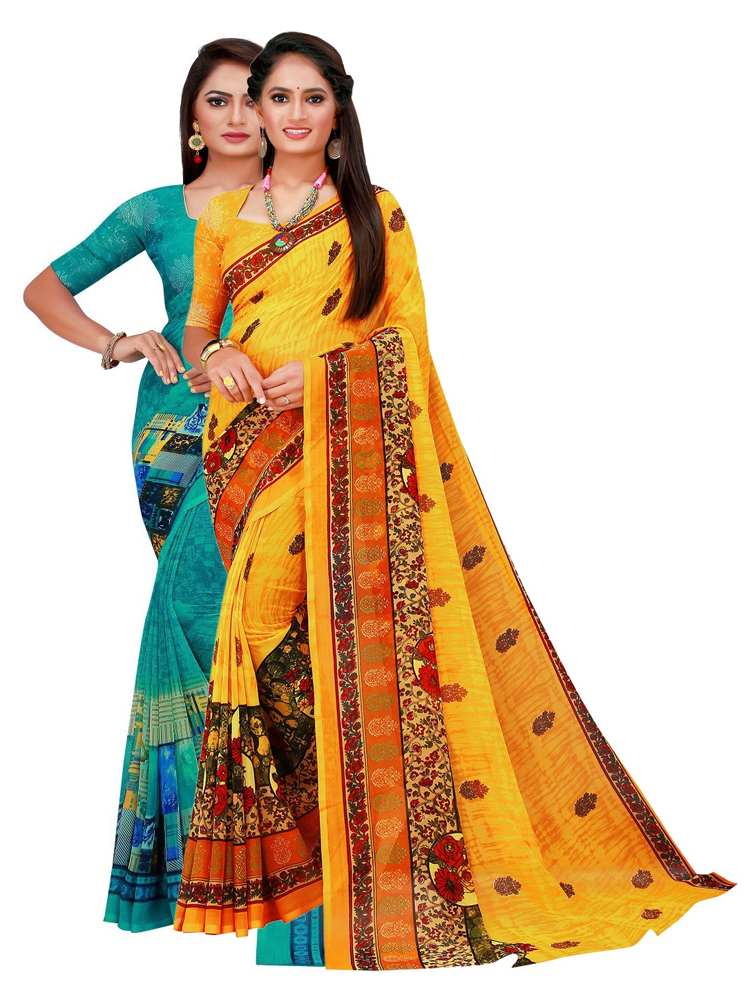Florence Turquoise Blue & Yellow Pure Georgette Saree