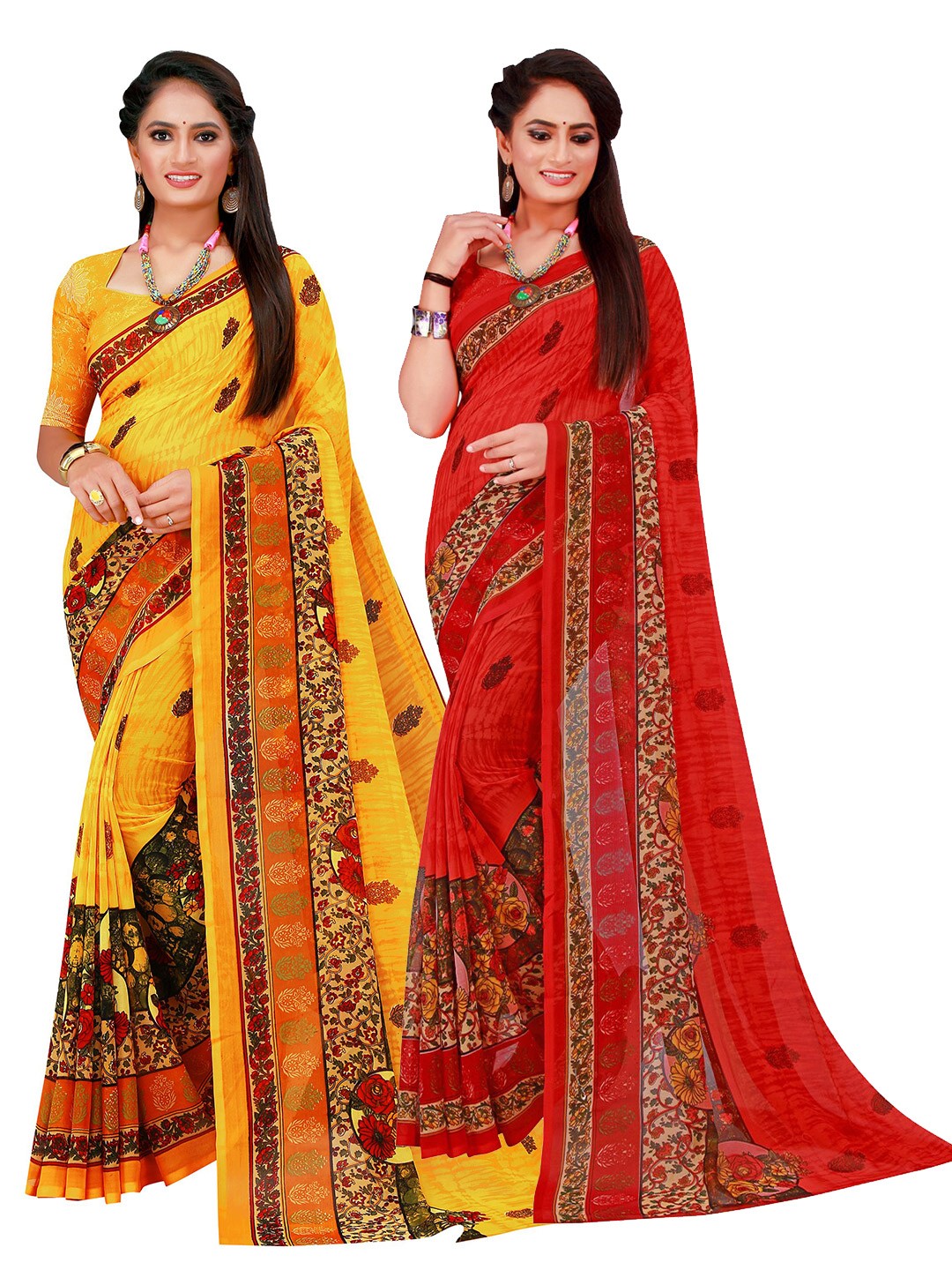 

Florence Yellow & Red Pure Georgette Saree