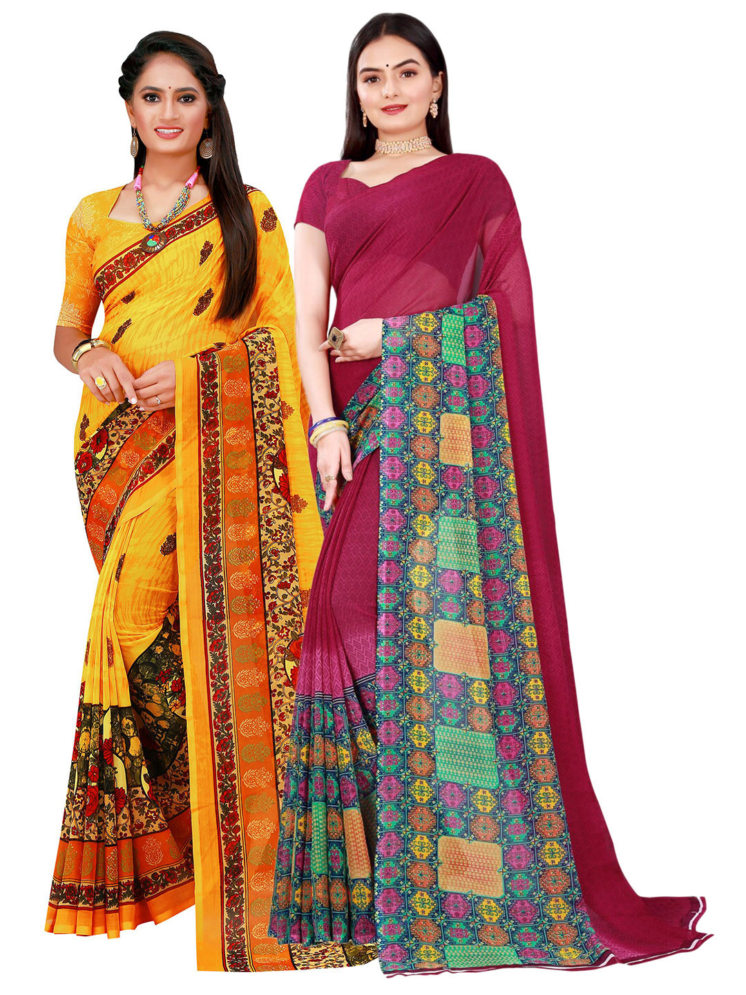 

Florence Yellow & Maroon Pure Georgette Saree