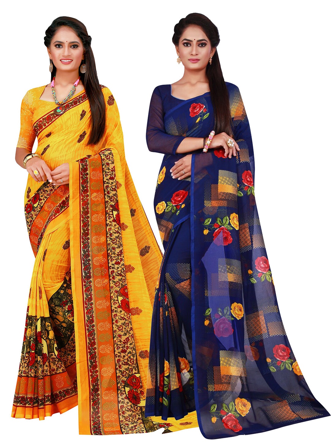 

Florence Yellow & Navy Blue Pure Georgette Saree