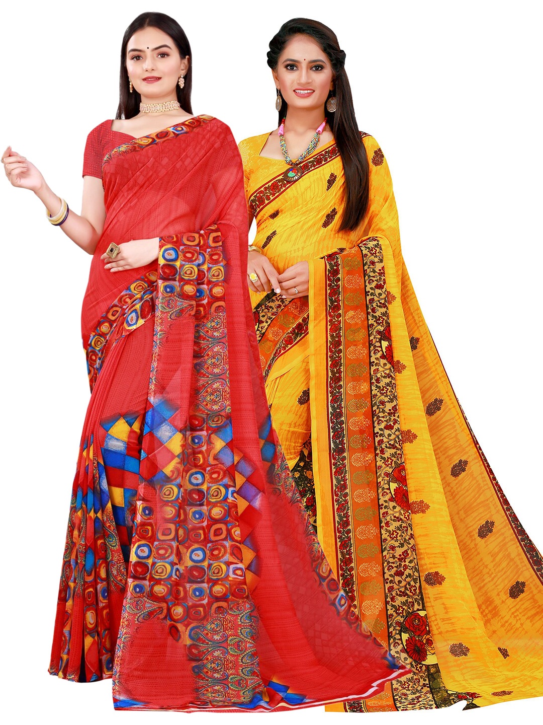 

Florence Red & Yellow Pure Georgette Saree