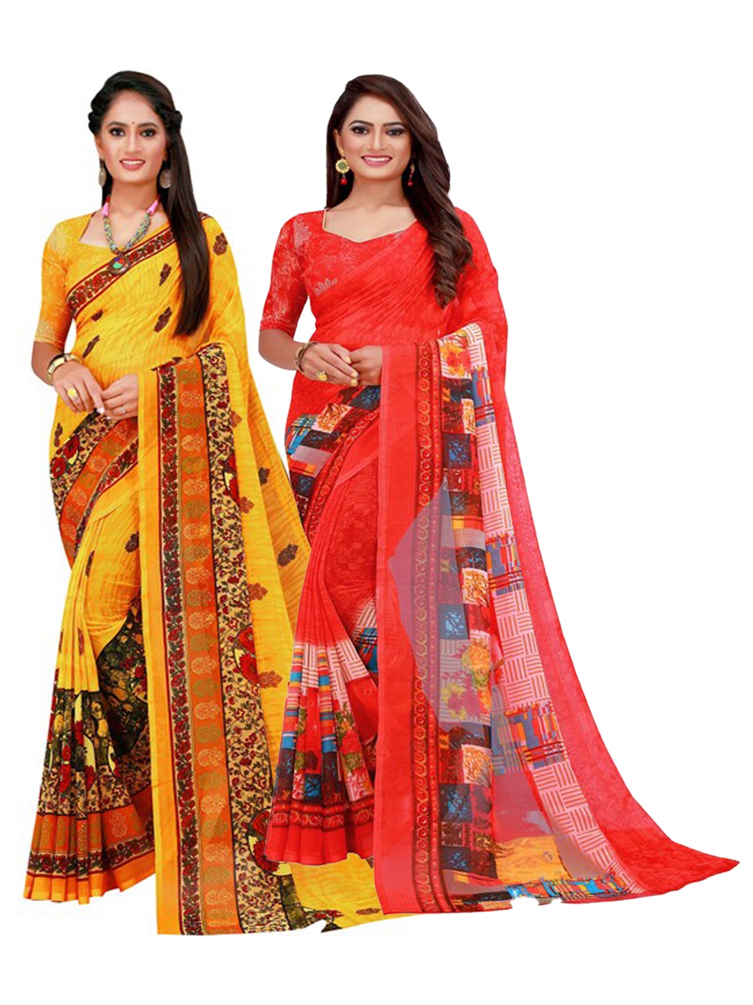 

Florence Yellow & Red Pure Georgette Saree
