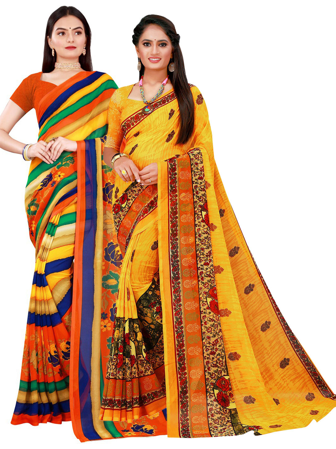 

Florence Yellow & Navy Blue Pure Georgette Saree