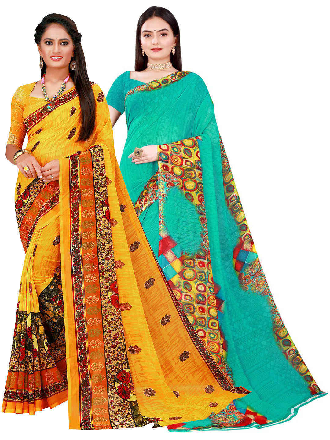 

Florence Yellow & Green Pure Georgette Saree