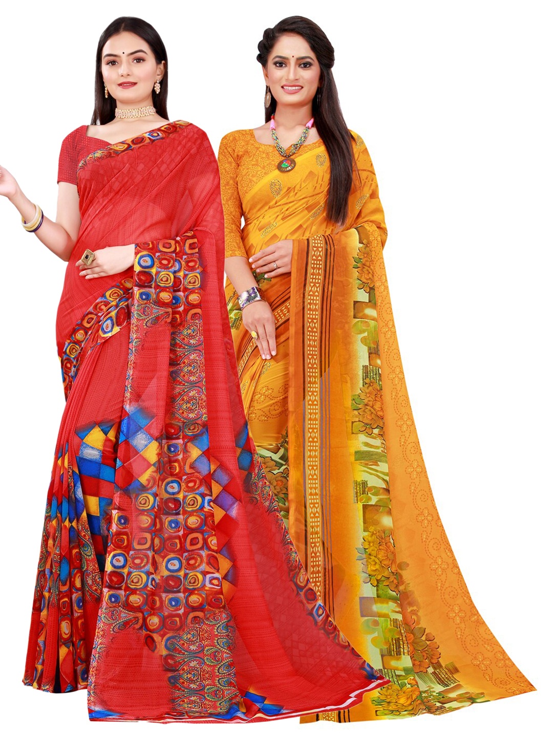 

KALINI Red & Yellow Pure Georgette Saree