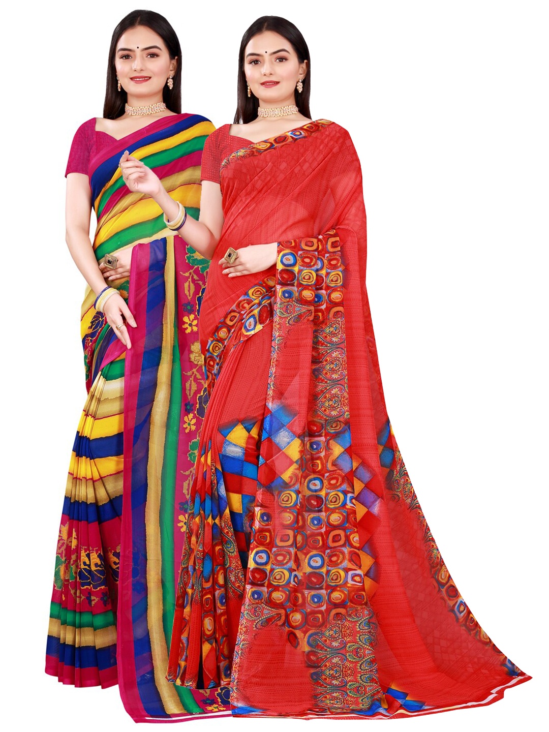 

KALINI Red & Yellow Pure Georgette Saree