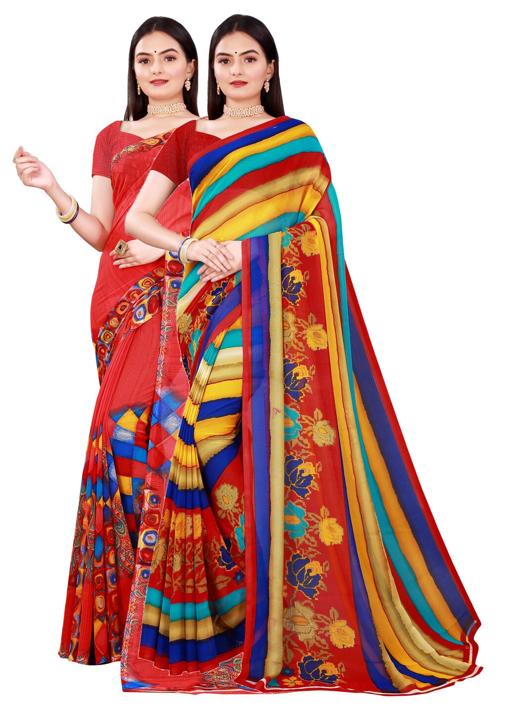 

KALINI Red & Blue Pure Georgette Saree